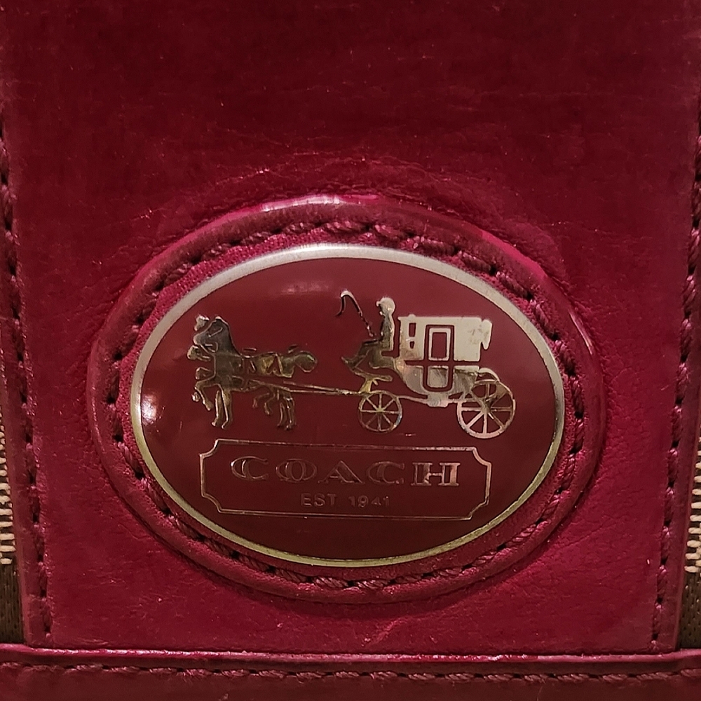 VINTAGE Coach Long Monogram & Leather Trim Flap Wallet Red 7.75 X 4 - Picture 3 of 15